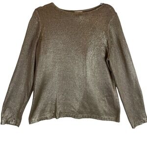 CHICOS Gold Metallic Knit Sweater Womens Size‎ 2 Long Sleeve Boat Neck Large